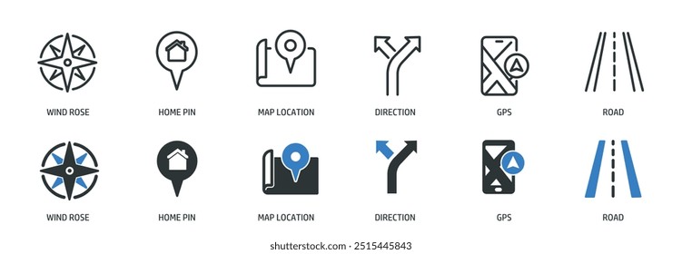 Coleção de ícones sólidos de linha de navegação e glifo. Ilustração de vetor de série de símbolos e ícones mínimos