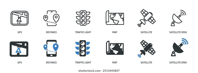 Colección de iconos sólidos de líneas de navegación y glifos. Icono mínimo y Ilustración vectorial de la serie de símbolos