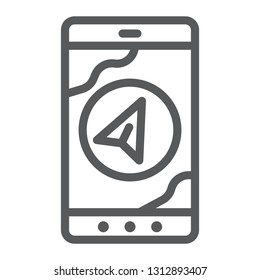 Navigation line icon, gps and location, arrow on phone screen sign, vector graphics, a linear pattern on a white background, eps 10.