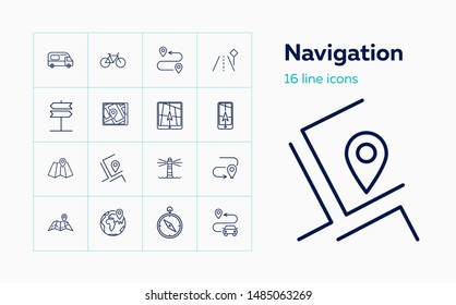 Navigation line icon set. Camper van, gps app, light house. Travel concept. Can be used for topics like geo location, journey, destination