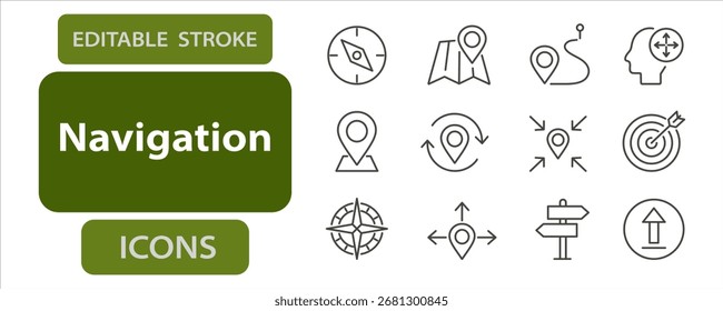 Navigation line icons. Editable stroke vector set for maps and location interface.