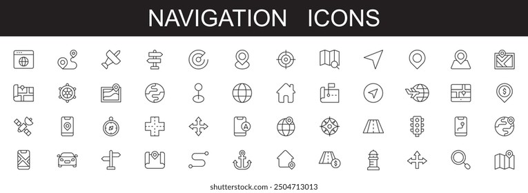Navigation line icons location, GPS, editable stroke icons, vector illustration on white background . map pointer, map, route, compass and more