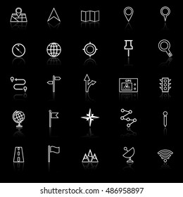 Navigation line icons with reflect on black background, stock vector