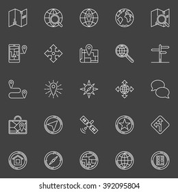Navigation line icons - vector set of navigation or location symbols. Linear geolocation signs on dark background