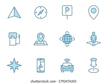 navigation lineal vector icons in two colors isolated on white. 2 blue colors navigation icons for web and ui design, mobile apps, print and business