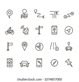 Navigation linear icons set, vector illustration. Travel and route, map and navigator signs and symbols collection