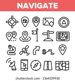 Navigation Linear Vector Icons Set. Navigation System Thin Line Contour Symbols Pack. GPS, Travel App Pictograms Symbols Collection. Road Map, Location Markers, Arrow, Compass Outline Illustrations