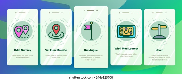 Navigation Linear Vector Onboarding Mobile App Page Screen. Navigation System Thin Line Contour Symbols Pack. GPS, Travel App Pictograms. Road Map, Location Markers, Arrow, Compass Illustrations