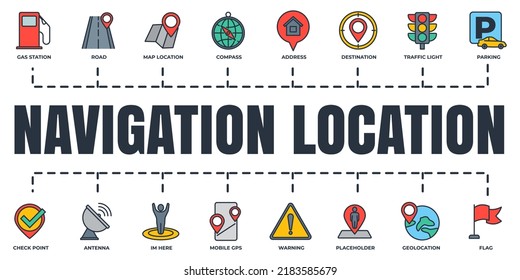 Navigation, location banner web icon set. address, flag, traffic light, parking, destination and more vector illustration concept.