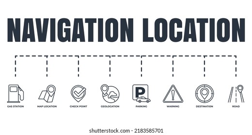 Navigation, location banner web icon set. warning, road, check point, gas station, parking, destination, map location vector illustration concept.