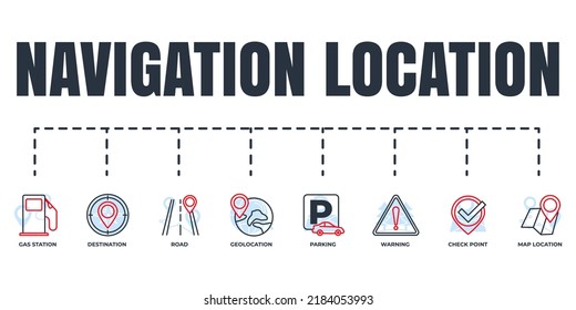 Navigation, location banner web icon set. warning, road, check point, gas station, parking, destination, map location vector illustration concept.