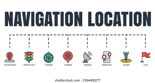 Navigation, location banner web icon set. address, flag, traffic light, im here, mobile gps, compass, placeholder, antenna vector illustration concept.