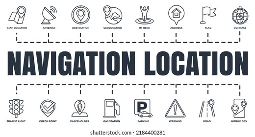 Navigation, location banner web icon set. address, flag, traffic light, parking, destination and more vector illustration concept.