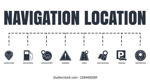 Navigation, location banner web icon set. warning, road, check point, gas station, parking, destination, map location vector illustration concept.