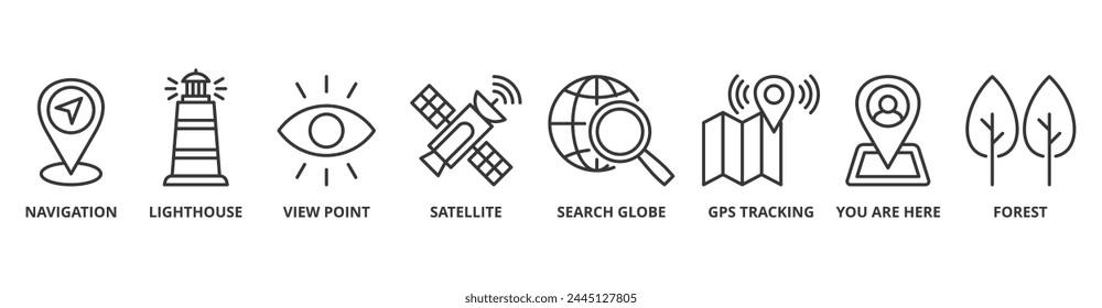Navigation and location banner web icon vector illustration concept with icon of navigation, lighthouse, view point, satellite, search globe, gps tracking, you are here, forest