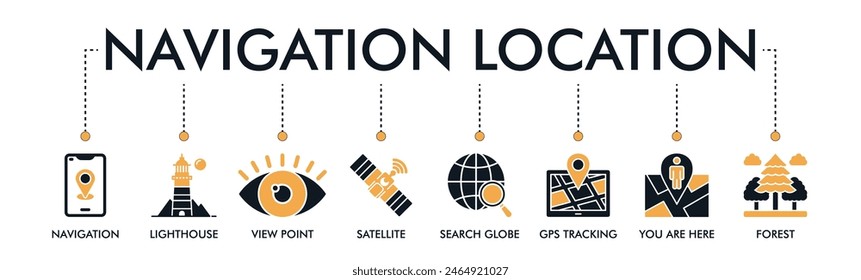 Navigation location banner web icon vector illustration concept with an icon of navigation, lighthouse, viewpoint, satellite, search globe, GPS tracking, you are here, forest