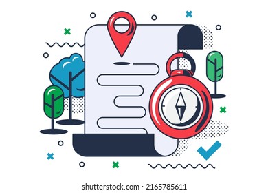 Navigation location and compass equipment vector. Tool for traveling and enjoying walk in nature forest and mountain. Gps pin and direction route for walk outdoor flat cartoon illustration