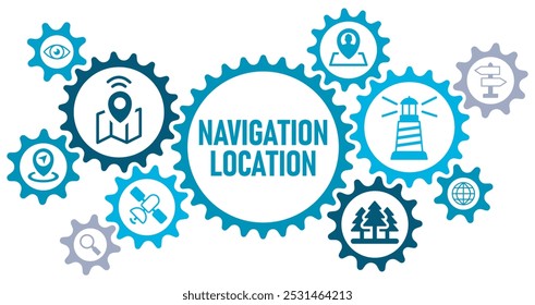 Navegação conceito de localização banner web website ícones ilustração vetorial com um ícone de navegação, farol, ponto de vista, satélite, globo de busca, rastreamento GPS, você aqui, floresta no branco ícone de volta