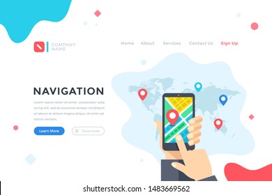 Navigation. Location, GPS app, maps concept. Hand holding smartphone with navigation app. Modern flat design graphic elements for web banner, landing page template, website. Vector illustration