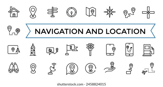 Navegación, ubicación, Web de línea de Elementos GPS. Paquete de iconos de esquema. Colección de iconos. Icono de Vector editable e ilustración.