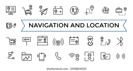 Navigation, Ort, GPS-Elemente Line Web Symbolsatz. Paket mit Gliederungssymbolen. Symbol-Kollektion. Symbol und Abbildung der bearbeitbaren Vektorgrafik.