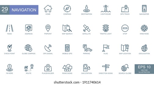 Navigation, location, GPS elements - thin line web icons set. Vector illustration