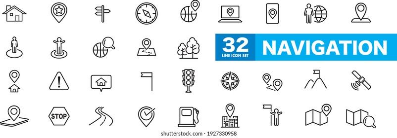 Navegación, ubicación, elementos GPS - juego de iconos de línea delgada. Colección de iconos de esquema. Ilustración vectorial simple.
