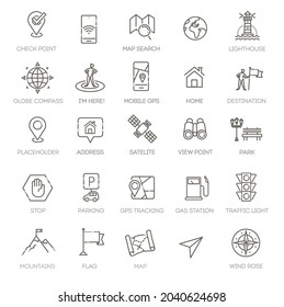 Navigation, location, GPS elements - thin line web icon set