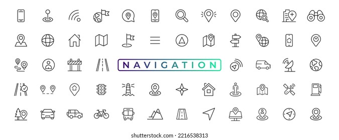 Navegación, ubicación, elementos GPS - juego de iconos de línea delgada. Colección de iconos de esquema. Ilustración vectorial simple.
