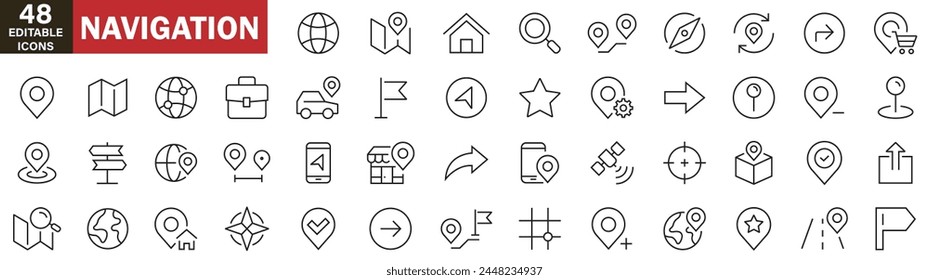 Navigation, location, GPS elements - thin line web icon set. Outline icons collection. Simple vector illustration. on white background icons map pin, gps, destination, directions, distance, place,