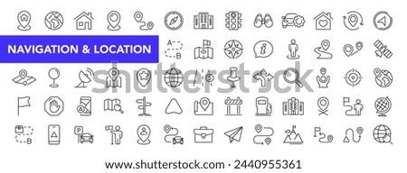 Navigation and location icon set with editable stroke. Map location and navigation thin line icon collection. Vector illustration