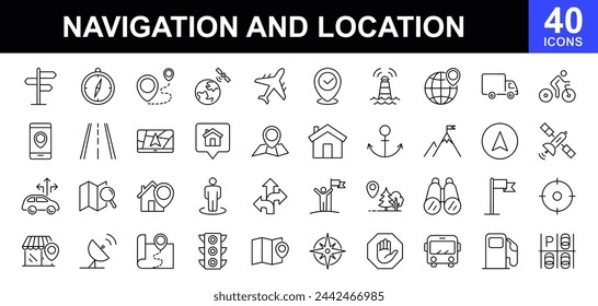 Conjunto de iconos de navegación y ubicación. Conjunto de iconos de mapa. Conjunto simple de iconos de línea vectorial relacionados con la ruta. Incluye los iconos como pin, destino, cerca, dirección, navegación, navegador, camino y más