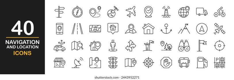 Conjunto de iconos de navegación y ubicación. Conjunto de iconos de mapa. Conjunto simple de iconos de línea de Vector relacionados con la ruta. Incluye los iconos como pin, destino, cerca, dirección, navegación, navegador, camino y más