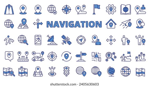 Navigation Location icons in line design blue. Map, destination, place, point, GPS, distance, destination, navigation, road, way, transport, waypoint, icons isolated on white background vector.