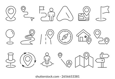 Conjunto de ícones de navegação e localização — Estilo de linha