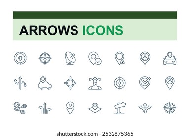 Navigation and location icons set. Map icons. Arrows and ddestination editable stroke. Vector illustration.