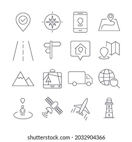 Los iconos de navegación y ubicación se establecen. Símbolo del paquete de navegación y localización elementos vectores para web infográfica