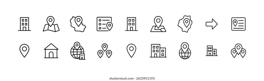 Navigation and location line icon set - outline, gps and map symbols for wayfinding