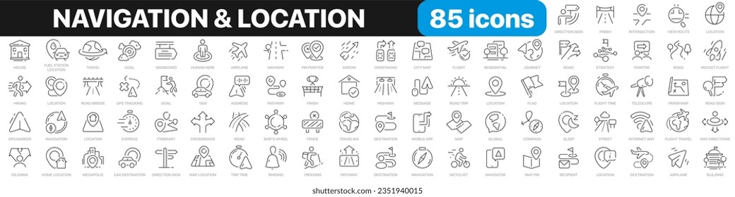 Navigation and location line icons collection. Map, pointer, travel, vacation, trip icons. UI icon set. Thin outline icons pack. Vector illustration EPS10