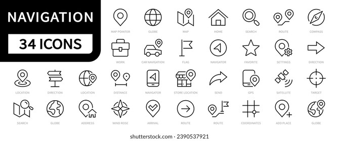 Navigation and Location line icons. Navigation icon set. Location and Navigation symbol. GPS, Map, Compass icon. Vector illustration
