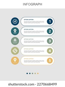Navigation, Position, Karte, Kompass, GPS, Symbole Infografik Design Layout Vorlage. Kreatives Präsentationskonzept mit 5 Schritten