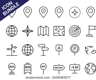 Navigation, Location, and Map Line Icons Bundle - Simple and Modern Vector Art Featuring Location Pins, Globes, Compasses, Maps, Directional Signs, and Travel Symbols for Graphic Design, Web Design, a