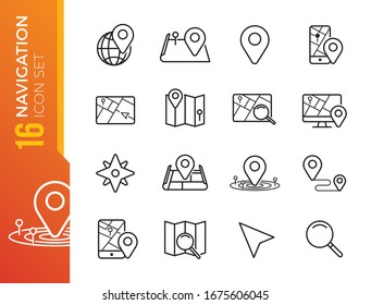 Navigation, Location and Map Line Vector Icons Set. Contains Map with a Pin, Route map, Navigator, Direction and more. Editable Stroke.

