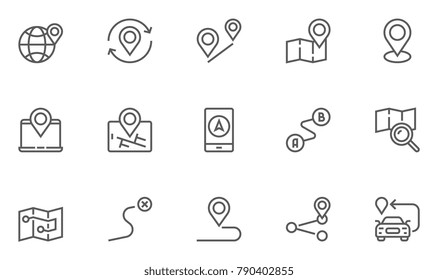 Navigation, Location and Map Line Vector Icons Set. Contains Map with a Pin, Route map, Navigator, Direction and more. Editable Stroke. 48x48 Pixel Perfect.