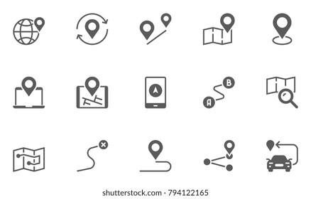 Navigation, Location and Map Vector Icons Set. Contains Map with a Pin, Route map, Navigator, Direction and more.