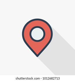 Navigation, location marker, cursor thin line flat color icon. Linear vector illustration. Pictogram isolated on white background. Colorful long shadow design.