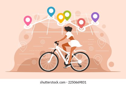 Navigation with location pin. Fitness and Tracking. Woman rides a bicycle and tracks her location
