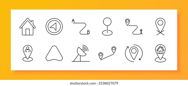 Ícone de conjunto de navegação e localização. Marcador inicial, direção, rota A para B, marcador de pino, pino de localização, localização do usuário, satélite, caminho, pino de atualização, início no pino