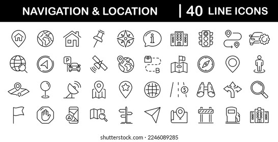 Navigation and location set of web icons in line style. Map location and navigation icons for web and mobile app. Map pin, GPS, compass, navigator, marker, map, pointer, traffic, travel, direction