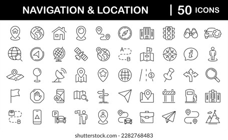 Navigation and location set of web icons in line style. Map location and navigation icons for web and mobile app. Map pin, GPS, compass, navigator, marker, map, pointer, traffic, travel, direction